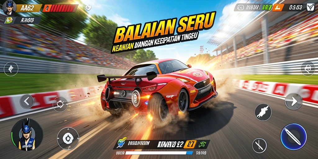 Screenshot gameplay AA62 menampilkan aksi balapan yang seru dan mendebarkan.