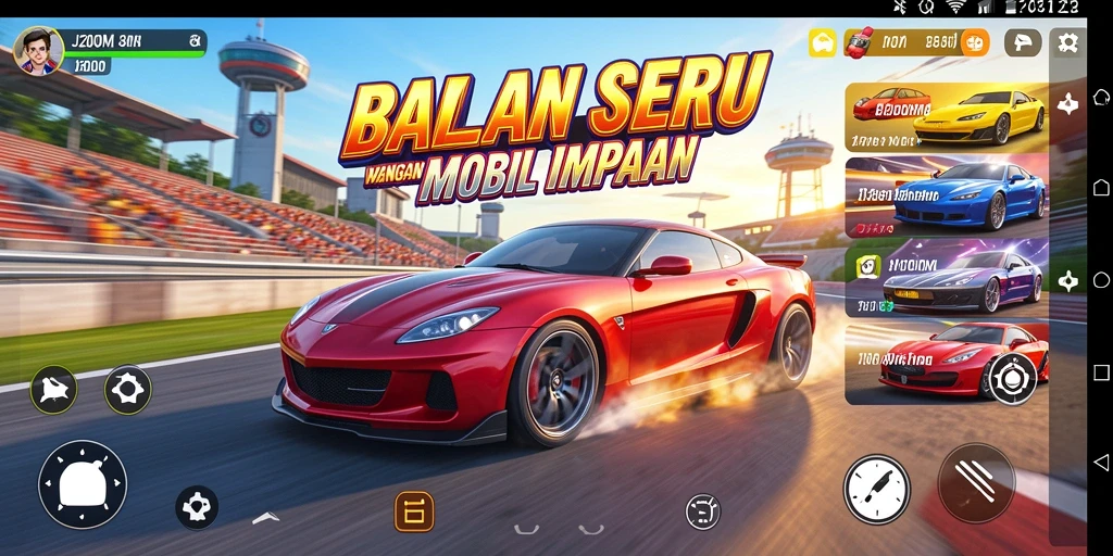 Tangkapan layar game J200M menampilkan mobil balap yang melaju kencang di sirkuit.