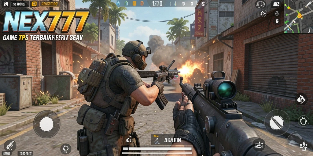 Screenshot gameplay NEX777 menampilkan aksi seru di medan tempur TPS.